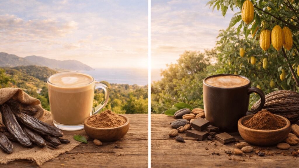 Fèves de coarob et poudre et fèves de cacao et poudre