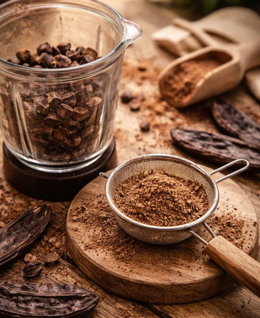 gousses de caroube broyées dans un mixeur et tamisées en poudre