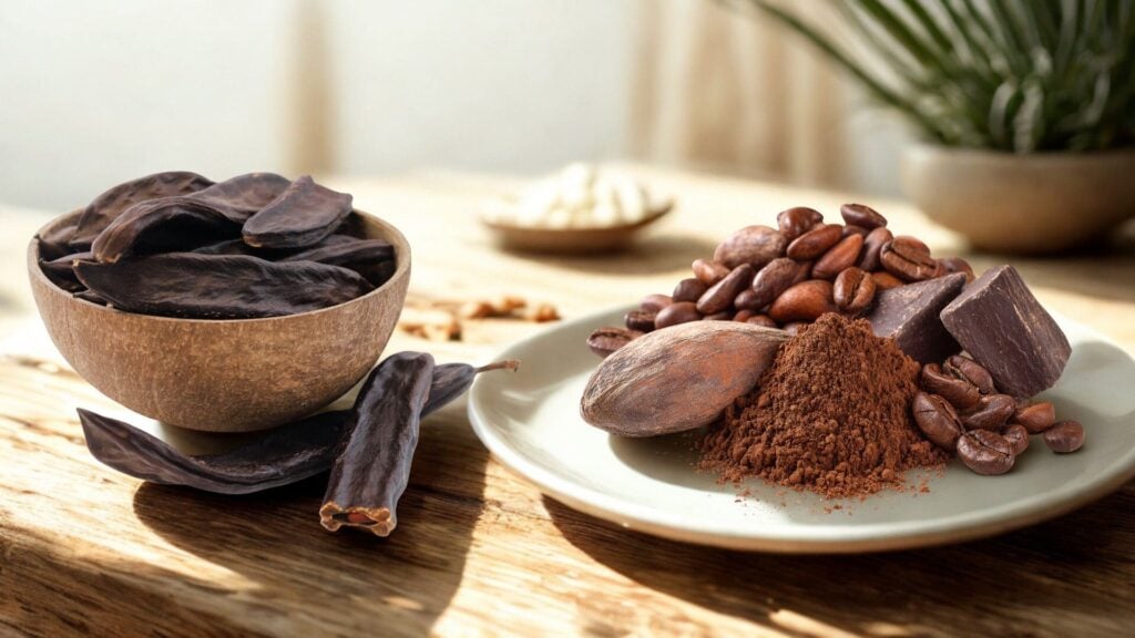 Gousses de caroube à côté des fèves de cacao et de la poudre de cacao