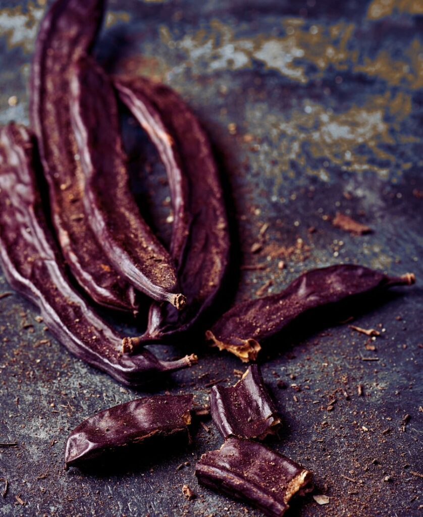 pedaços de alfarroba mostrando a estrutura densa e fibrosa da vagem