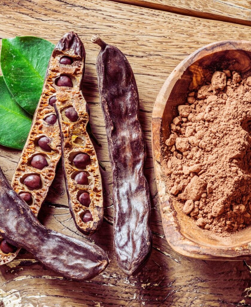 pó de alfarroba e pedaços mostrando composição e estrutura natural